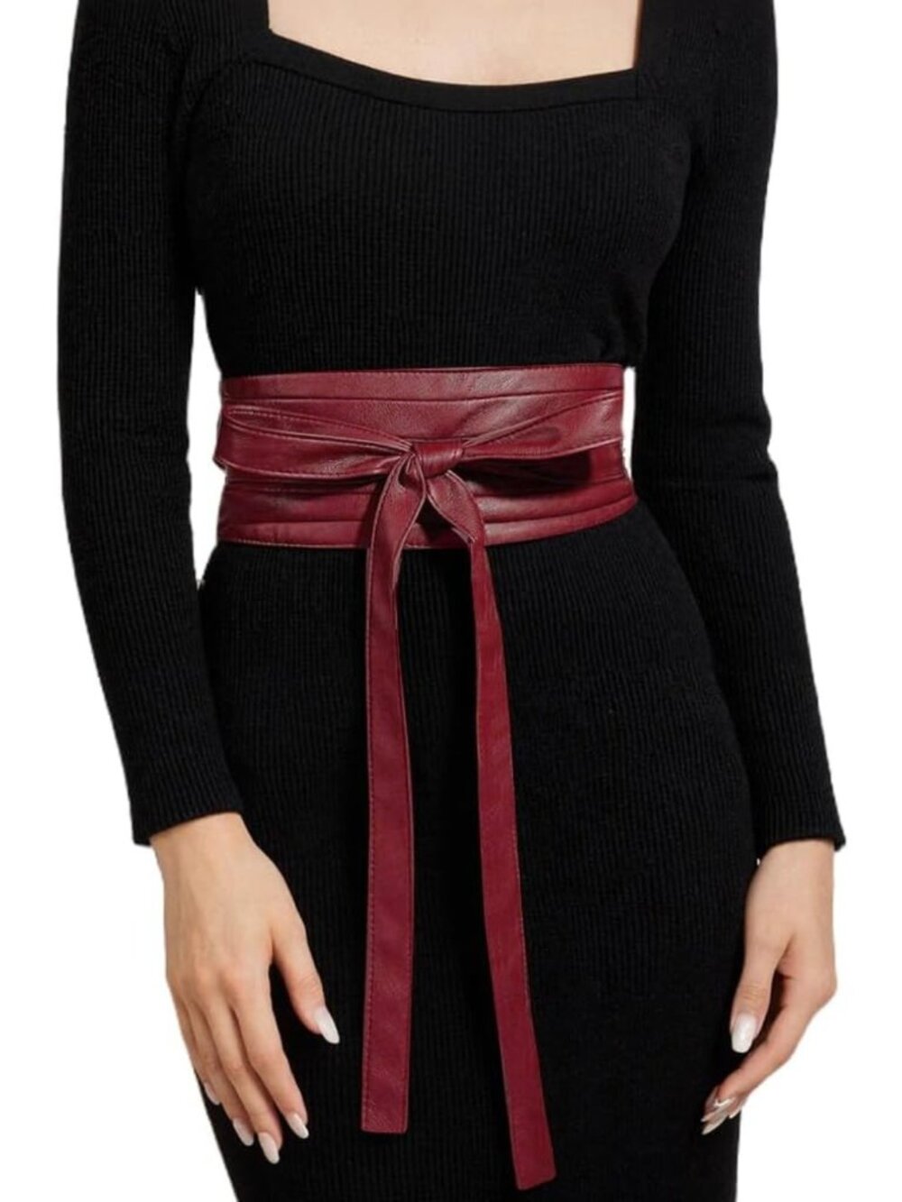 Elegant Faux Leather Obi Belt - Wide Waistband, Solid Color, Tie Knotted Design